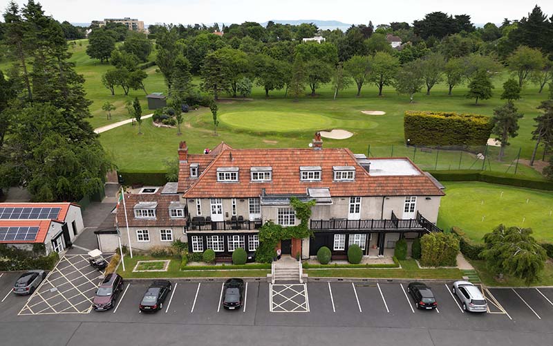 Aerial view of the Foxrock clubhouse and car park