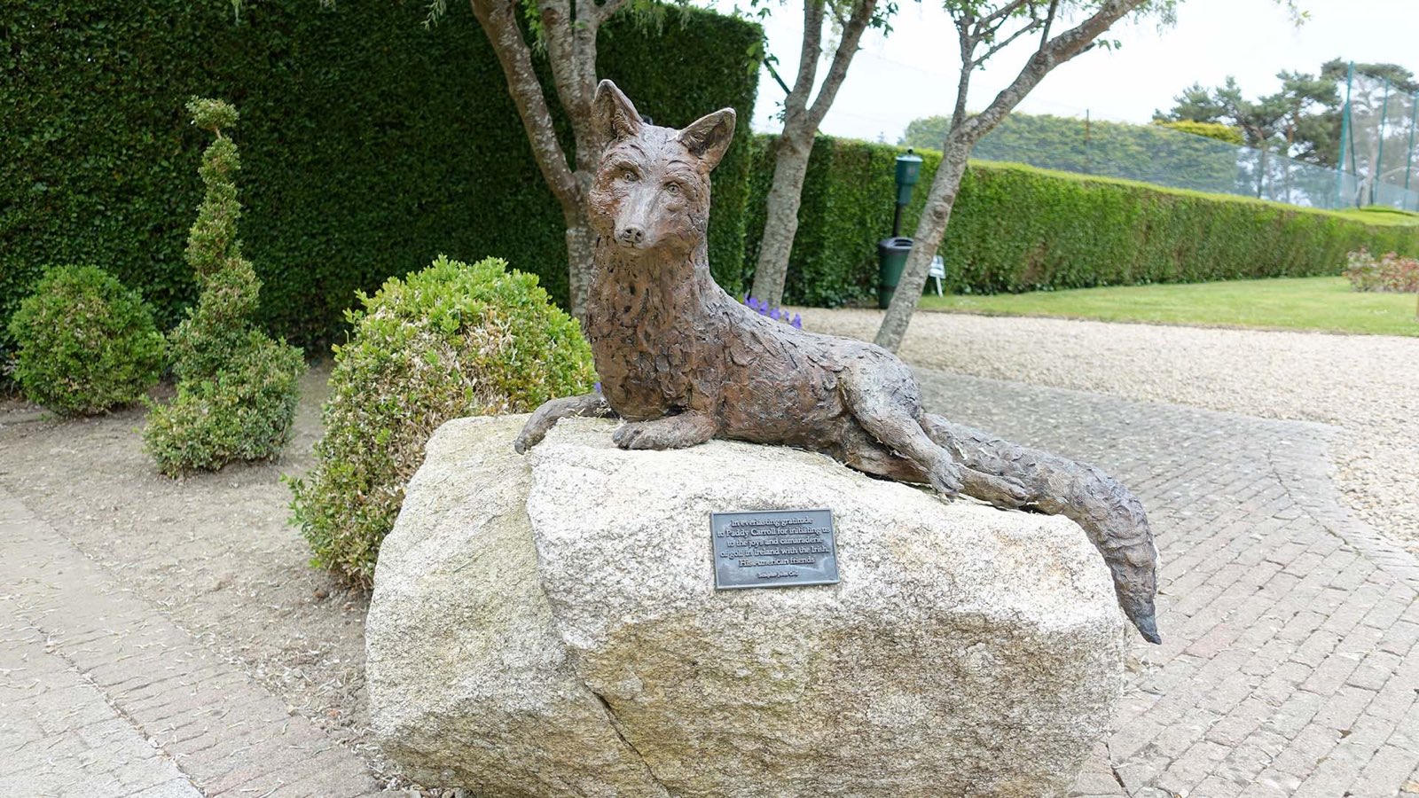 The bronze fox statue resting on a granite rock at Foxrock Golf Club