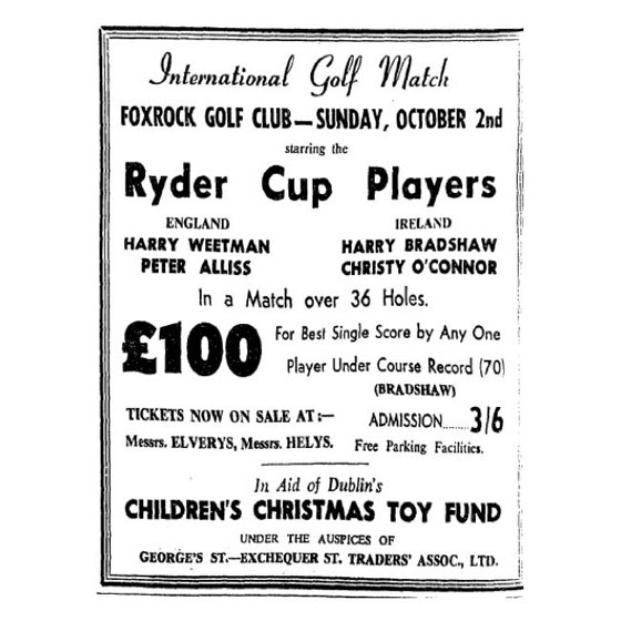 Newspaper advert for the 1955 international golf match at Foxrock